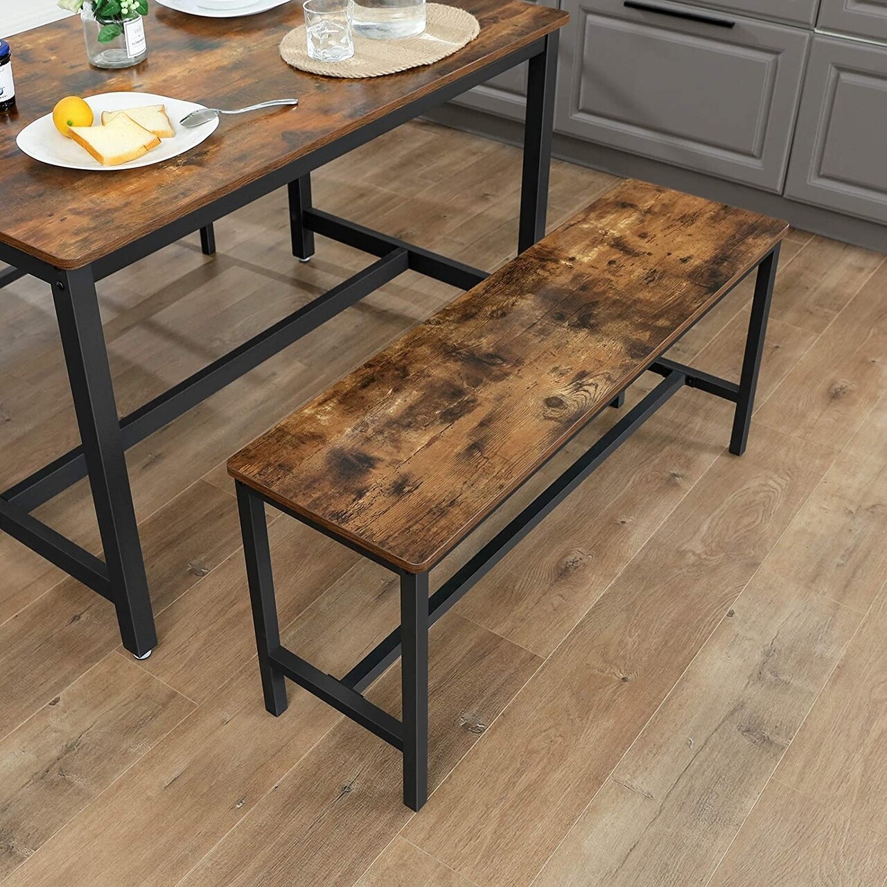 Set 2 banci de masa, Vasagle, 108x32.5x50 cm, otel/PAL, maro rustic - imagine 7